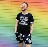 We're Here, We're Queer, We Will Not Disappear ringer t-shirt